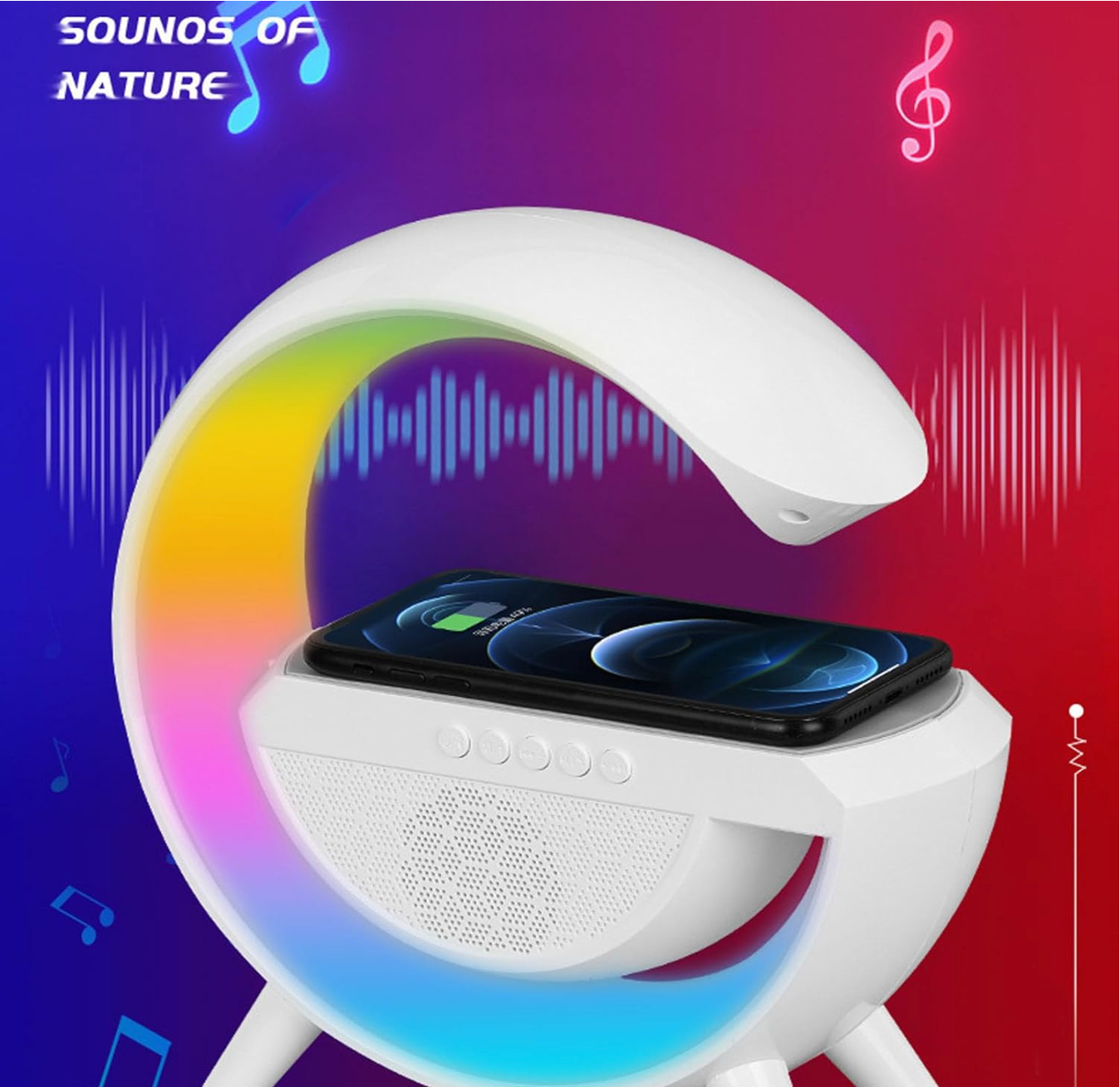 Bluetooth დინამიკი, უსადენო დამტენი, და სანათი