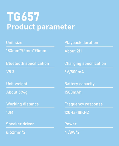 Bluetooth დინამიკი LED განათებით, TG657 15W.